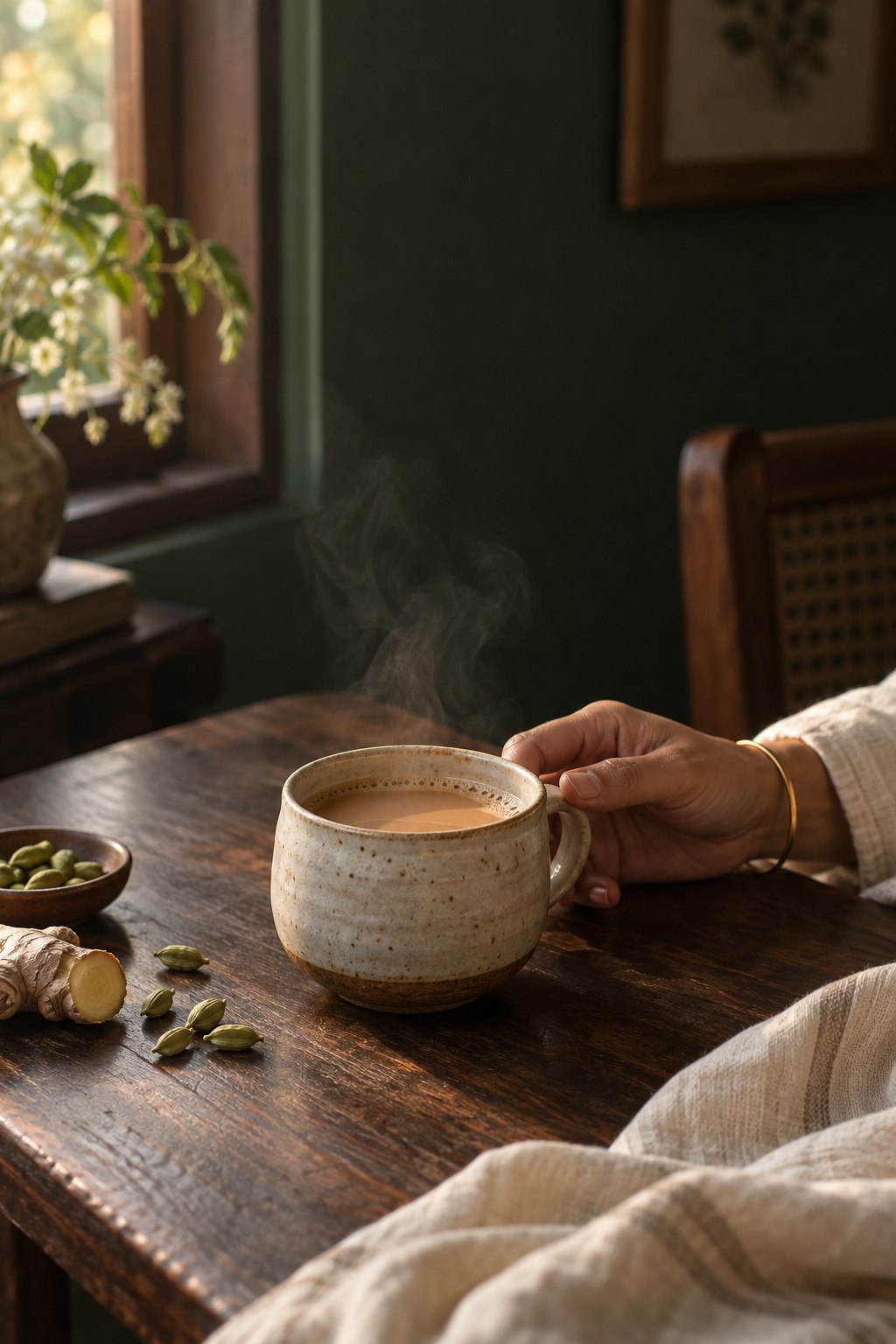 A quiet tea ritual with a warm handmade cup, cardamom and fresh ginger
